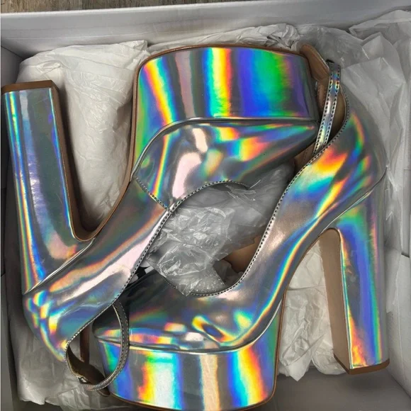 NEW Schutz Renee Ankle Strap Platform Pump Hologram Heels